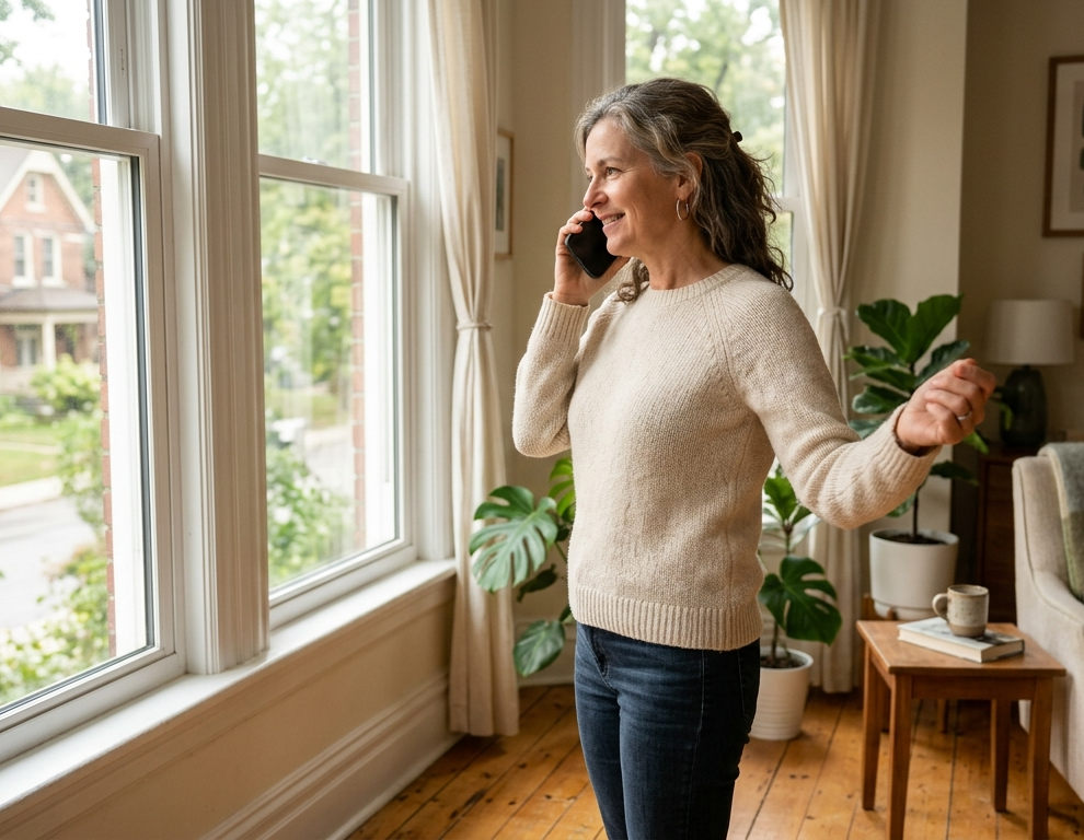 A person standing by a sunlit window holding a phone to the ear while gently rolling the shoulders, vintage newspaper feel.