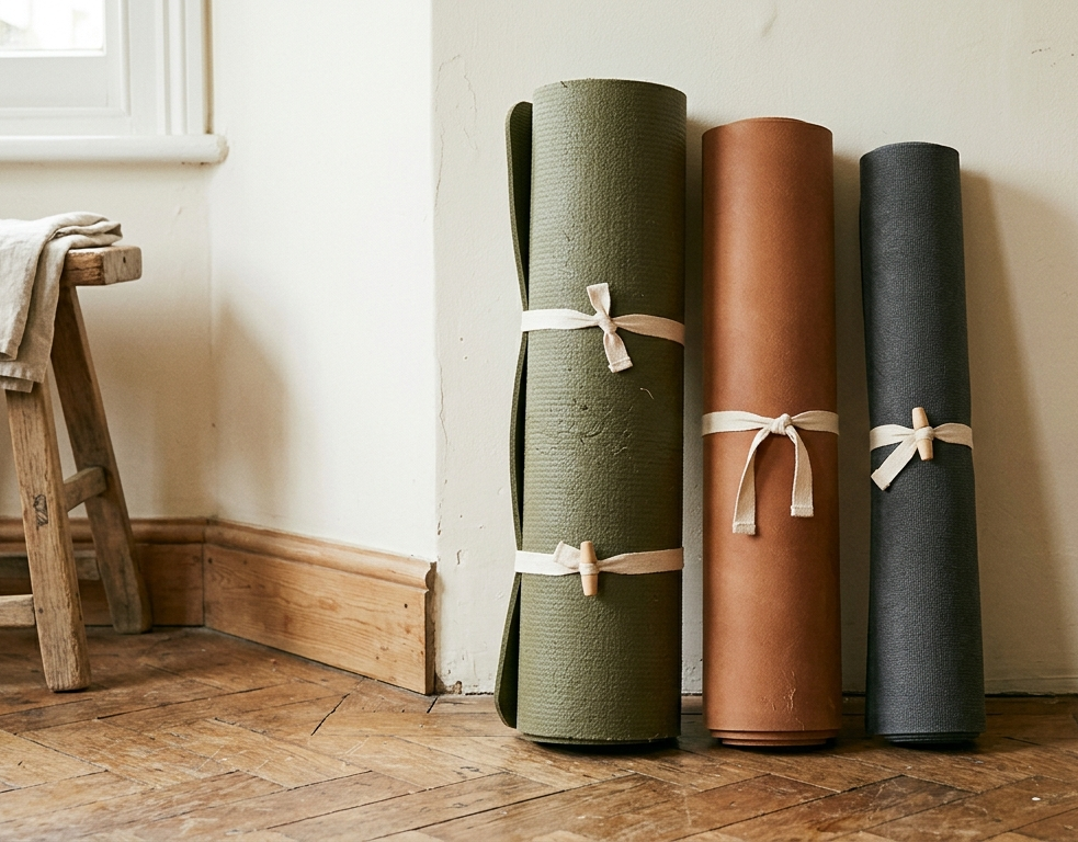 Three rolled fitness mats of different thicknesses leaning against a wooden wall in soft natural light.